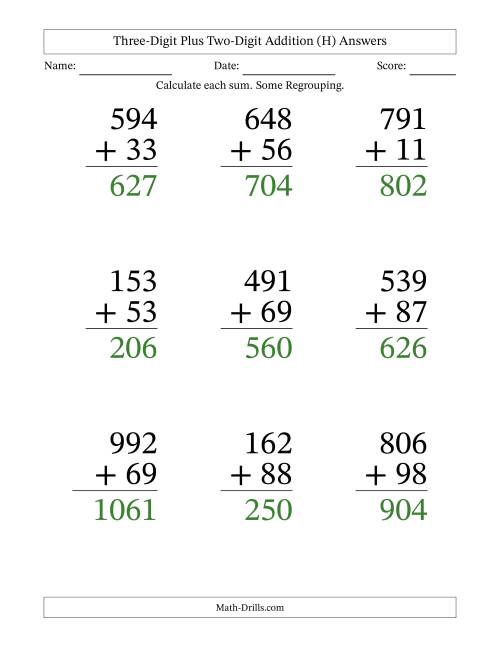 The Three-Digit Plus Two-Digit Addition With Some Regrouping – 9 Questions – Large Print (H) Math Worksheet Page 2