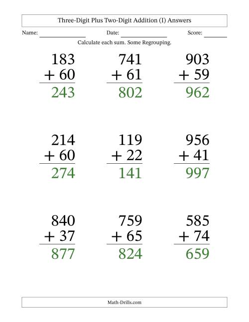 The Three-Digit Plus Two-Digit Addition With Some Regrouping – 9 Questions – Large Print (I) Math Worksheet Page 2