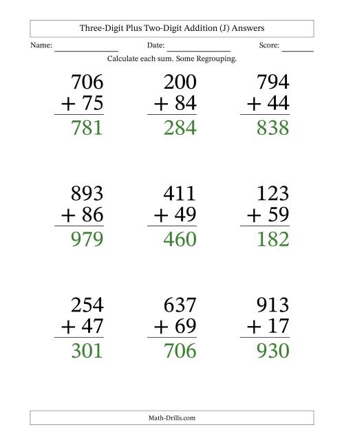 The Three-Digit Plus Two-Digit Addition With Some Regrouping – 9 Questions – Large Print (J) Math Worksheet Page 2