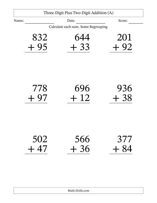 The Three-Digit Plus Two-Digit Addition With Some Regrouping – 9 Questions – Large Print (All) Math Worksheet
