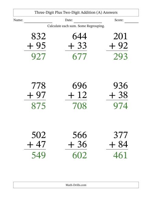 The Three-Digit Plus Two-Digit Addition With Some Regrouping – 9 Questions – Large Print (All) Math Worksheet Page 2