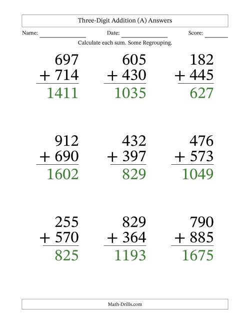 Three-Digit Plus Three-Digit Addition -- 9 Questions (A)