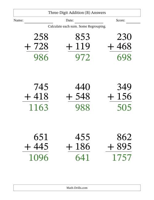 The Three-Digit Addition With Some Regrouping – 9 Questions – Large Print (B) Math Worksheet Page 2