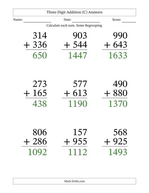 The Three-Digit Addition With Some Regrouping – 9 Questions – Large Print (C) Math Worksheet Page 2