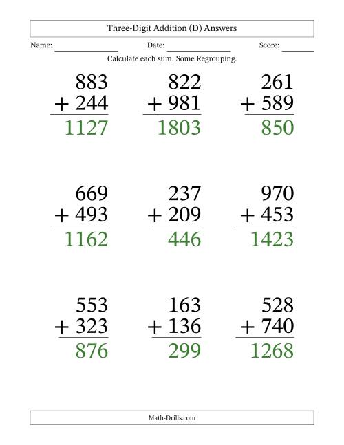 The Three-Digit Addition With Some Regrouping – 9 Questions – Large Print (D) Math Worksheet Page 2