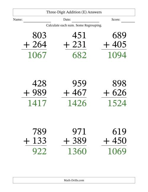 Three-Digit Plus Three-Digit Addition -- 9 Questions (E)