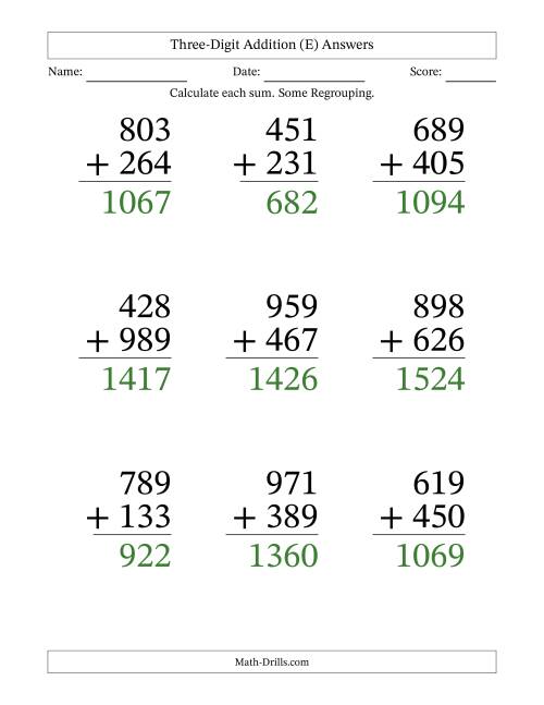 The Three-Digit Addition With Some Regrouping – 9 Questions – Large Print (E) Math Worksheet Page 2