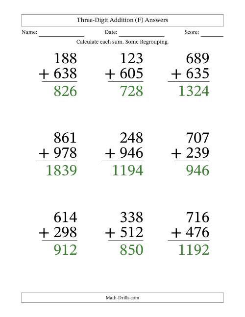 The Three-Digit Addition With Some Regrouping – 9 Questions – Large Print (F) Math Worksheet Page 2