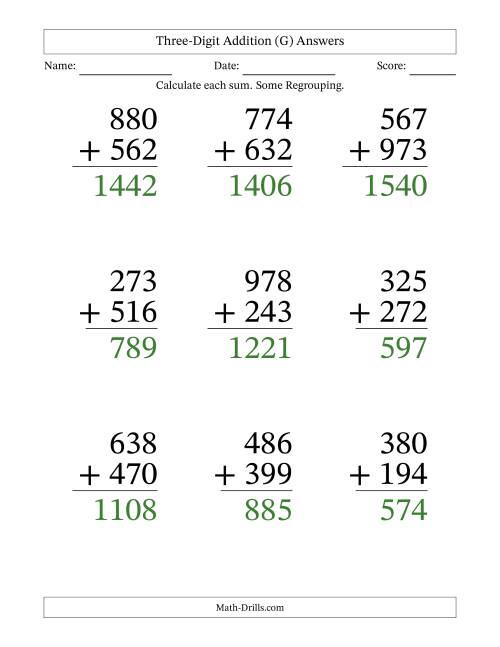 The Three-Digit Addition With Some Regrouping – 9 Questions – Large Print (G) Math Worksheet Page 2