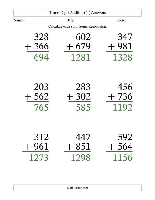 The Three-Digit Addition With Some Regrouping – 9 Questions – Large Print (I) Math Worksheet Page 2