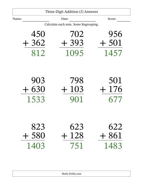 The Three-Digit Addition With Some Regrouping – 9 Questions – Large Print (J) Math Worksheet Page 2