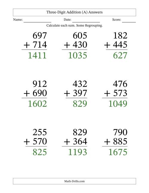 The Three-Digit Addition With Some Regrouping – 9 Questions – Large Print (All) Math Worksheet Page 2