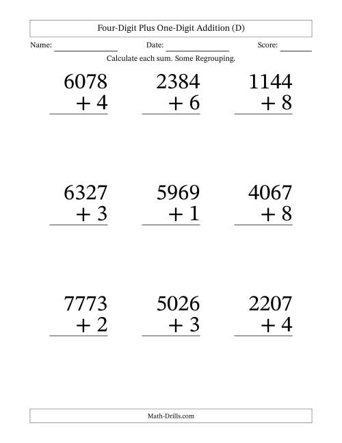 The Four-Digit Plus One-Digit Addition With Some Regrouping – 9 Questions – Large Print (D) Math Worksheet