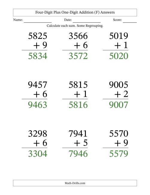 The Four-Digit Plus One-Digit Addition With Some Regrouping – 9 Questions – Large Print (F) Math Worksheet Page 2