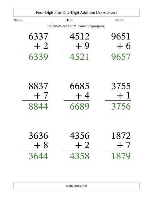 Four-Digit Plus One-Digit Addition -- 9 Questions (All)