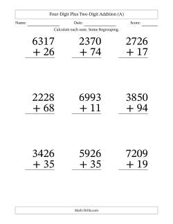 Four-Digit Plus Two-Digit Addition With Some Regrouping – 9 Questions – Large Print