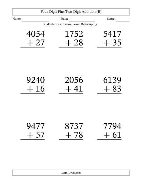 The Four-Digit Plus Two-Digit Addition With Some Regrouping – 9 Questions – Large Print (B) Math Worksheet