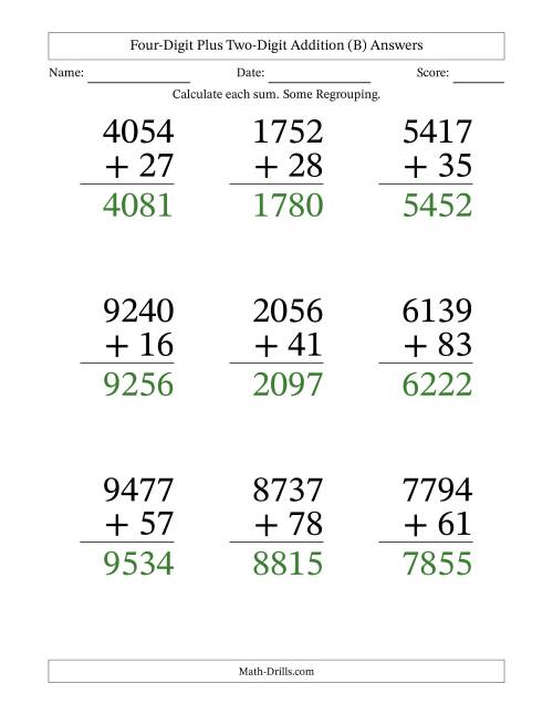 The Four-Digit Plus Two-Digit Addition With Some Regrouping – 9 Questions – Large Print (B) Math Worksheet Page 2