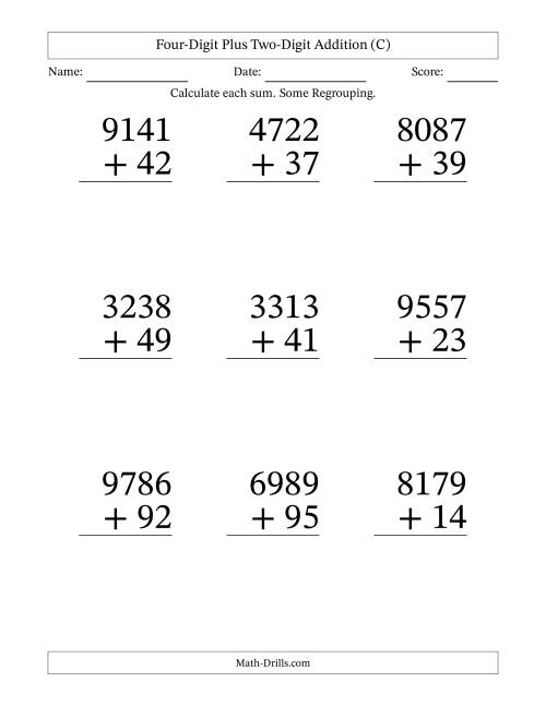 The Four-Digit Plus Two-Digit Addition With Some Regrouping – 9 Questions – Large Print (C) Math Worksheet