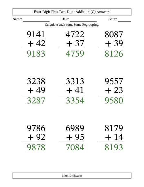 The Four-Digit Plus Two-Digit Addition With Some Regrouping – 9 Questions – Large Print (C) Math Worksheet Page 2