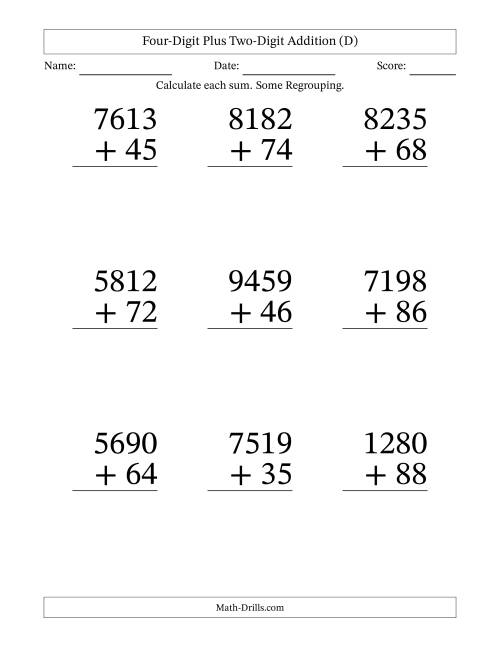 The Four-Digit Plus Two-Digit Addition With Some Regrouping – 9 Questions – Large Print (D) Math Worksheet