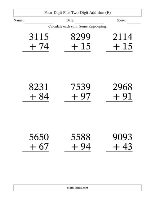 The Four-Digit Plus Two-Digit Addition With Some Regrouping – 9 Questions – Large Print (E) Math Worksheet