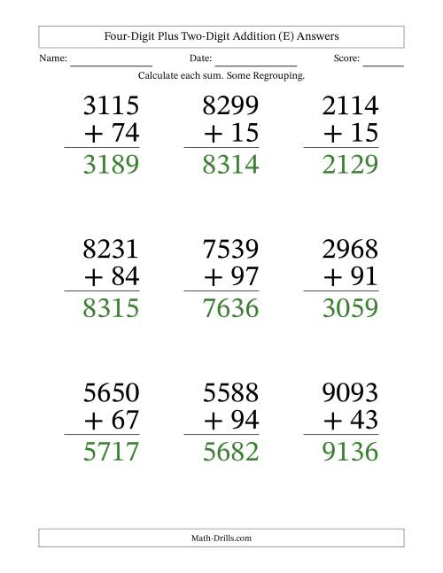 The Four-Digit Plus Two-Digit Addition With Some Regrouping – 9 Questions – Large Print (E) Math Worksheet Page 2