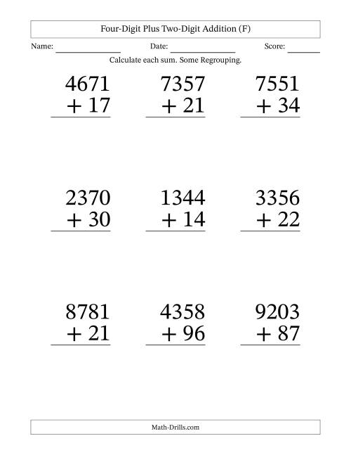 The Four-Digit Plus Two-Digit Addition With Some Regrouping – 9 Questions – Large Print (F) Math Worksheet