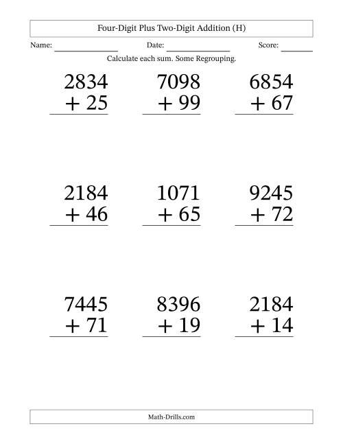 The Four-Digit Plus Two-Digit Addition With Some Regrouping – 9 Questions – Large Print (H) Math Worksheet