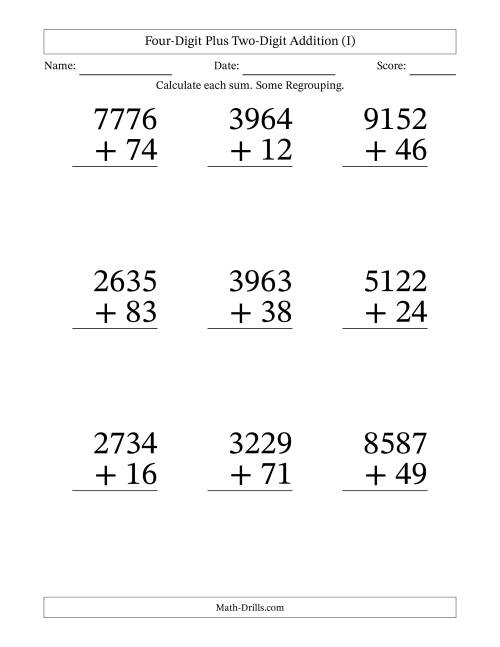 Four-Digit Plus Two-Digit Addition -- 9 Questions (I)