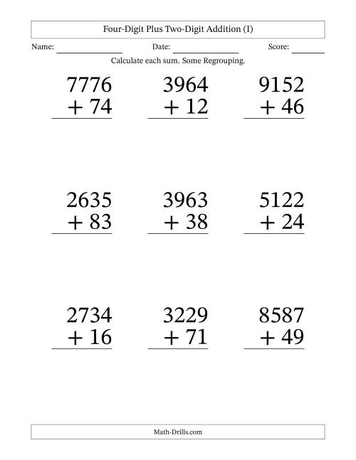 The Four-Digit Plus Two-Digit Addition With Some Regrouping – 9 Questions – Large Print (I) Math Worksheet