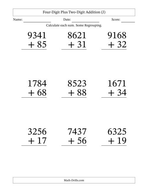 The Four-Digit Plus Two-Digit Addition With Some Regrouping – 9 Questions – Large Print (J) Math Worksheet