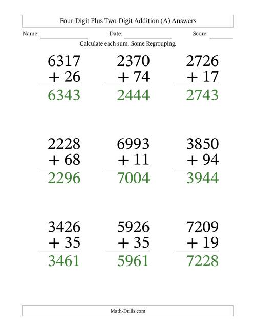 The Four-Digit Plus Two-Digit Addition With Some Regrouping – 9 Questions – Large Print (All) Math Worksheet Page 2