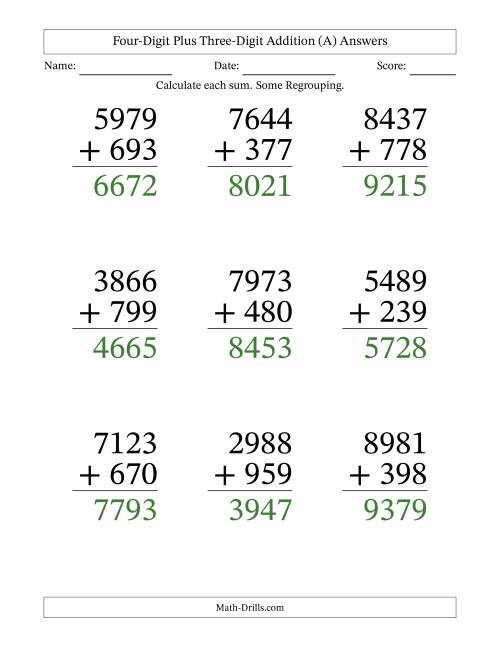 Four-Digit Plus Three-Digit Addition -- 9 Questions (A)