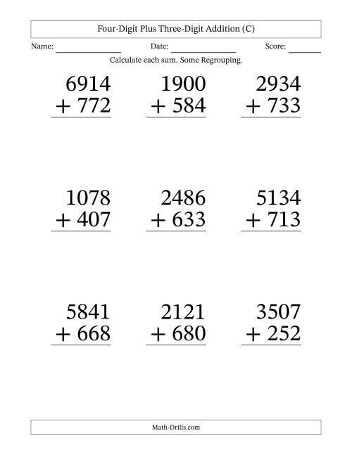 The Four-Digit Plus Three-Digit Addition With Some Regrouping – 9 Questions – Large Print (C) Math Worksheet