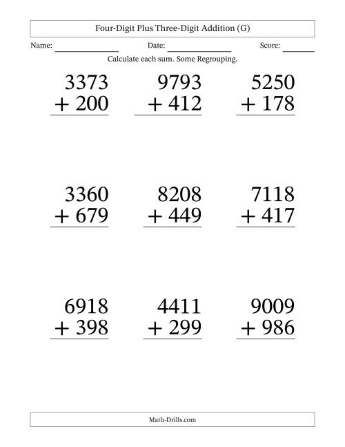 The Four-Digit Plus Three-Digit Addition With Some Regrouping – 9 Questions – Large Print (G) Math Worksheet