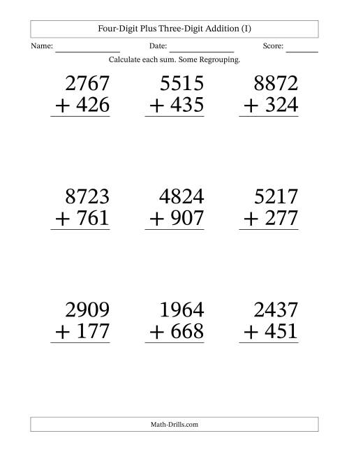 The Four-Digit Plus Three-Digit Addition With Some Regrouping – 9 Questions – Large Print (I) Math Worksheet