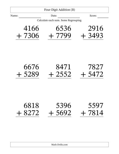 The Four-Digit Addition With Some Regrouping – 9 Questions – Large Print (B) Math Worksheet
