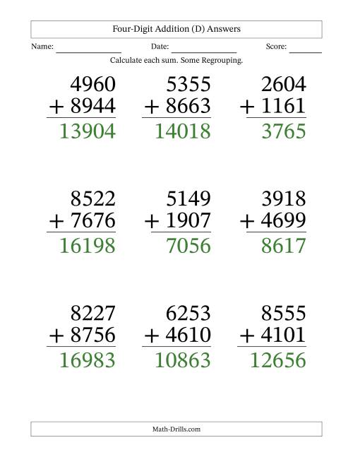 The Four-Digit Addition With Some Regrouping – 9 Questions – Large Print (D) Math Worksheet Page 2