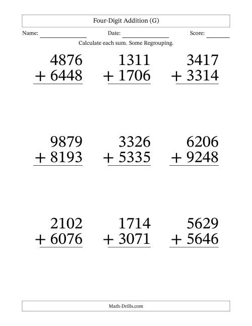 The Four-Digit Addition With Some Regrouping – 9 Questions – Large Print (G) Math Worksheet
