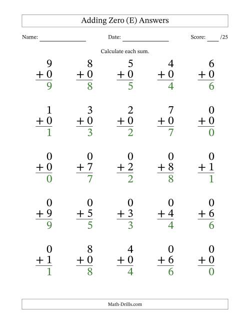 The Adding Zero to Single-Digit Numbers – 25 Large Print Questions (E) Math Worksheet Page 2