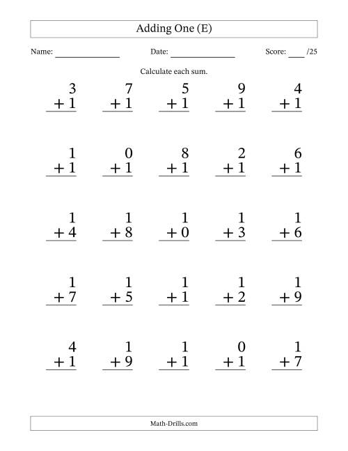 The Adding One to Single-Digit Numbers – 25 Large Print Questions (E) Math Worksheet