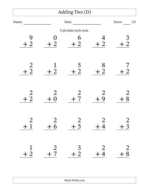 The 25 Adding Twos Questions (D) Math Worksheet