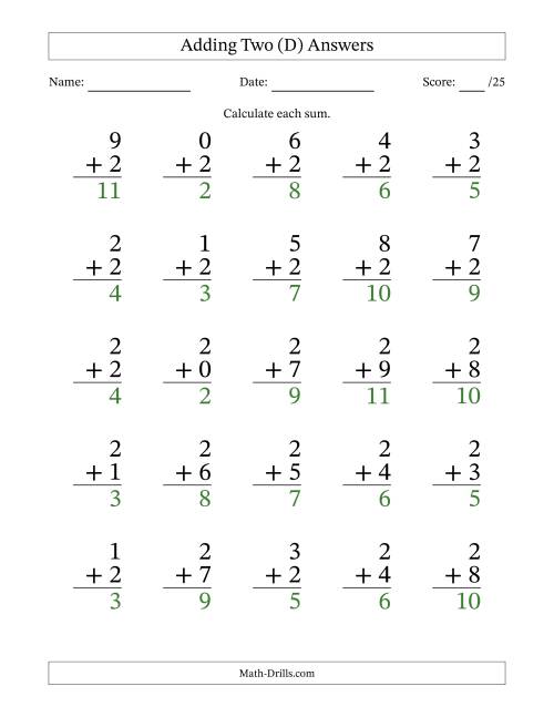 The 25 Adding Twos Questions (D) Math Worksheet Page 2