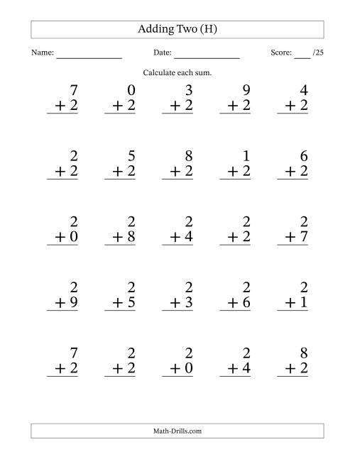 The Adding Two to Single-Digit Numbers – 25 Large Print Questions (H) Math Worksheet