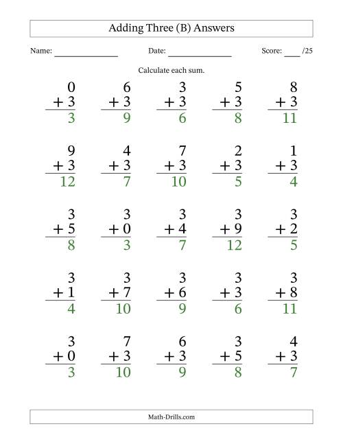 The Adding Three to Single-Digit Numbers – 25 Large Print Questions (B) Math Worksheet Page 2