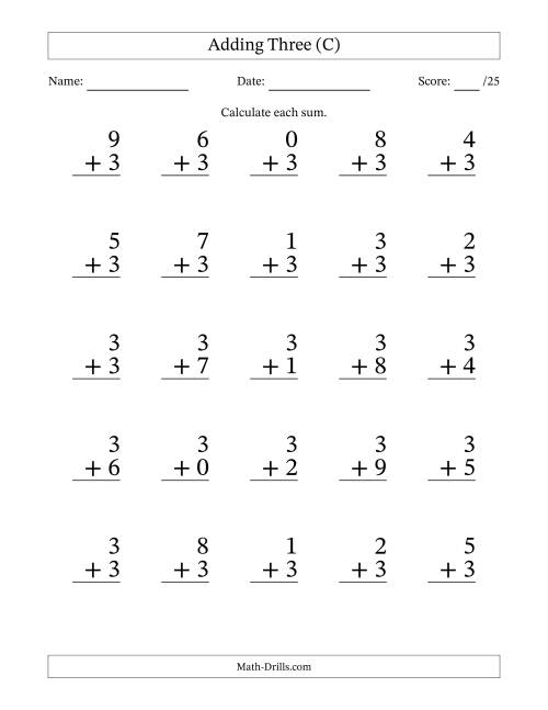The Adding Three to Single-Digit Numbers – 25 Large Print Questions (C) Math Worksheet