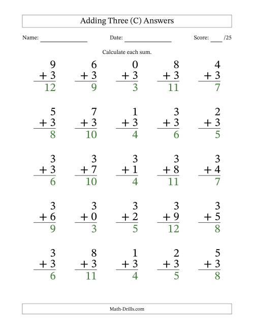 The Adding Three to Single-Digit Numbers – 25 Large Print Questions (C) Math Worksheet Page 2