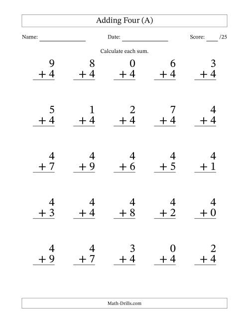 The Adding Four to Single-Digit Numbers – 25 Large Print Questions (All) Math Worksheet