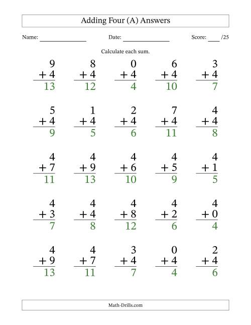 The Adding Four to Single-Digit Numbers – 25 Large Print Questions (All) Math Worksheet Page 2